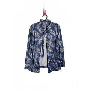 Vintage 70s Blue Tie Neck Open Front Shirt